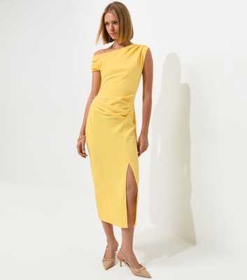 Light Yellow Fallen Shoulder Slit Detail Midi Dress