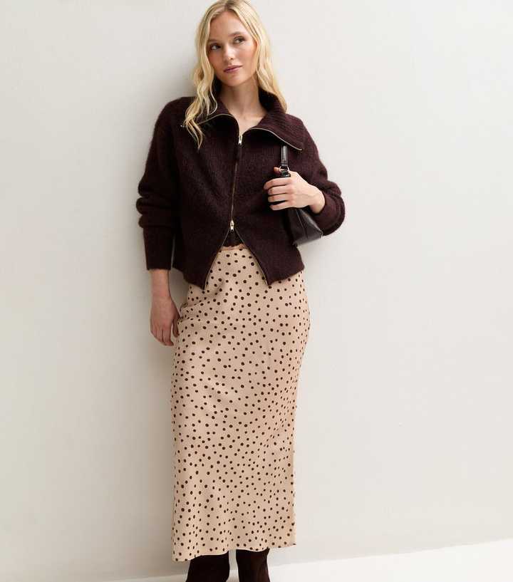 Petite Brown Spot Pattern Midi Skirt