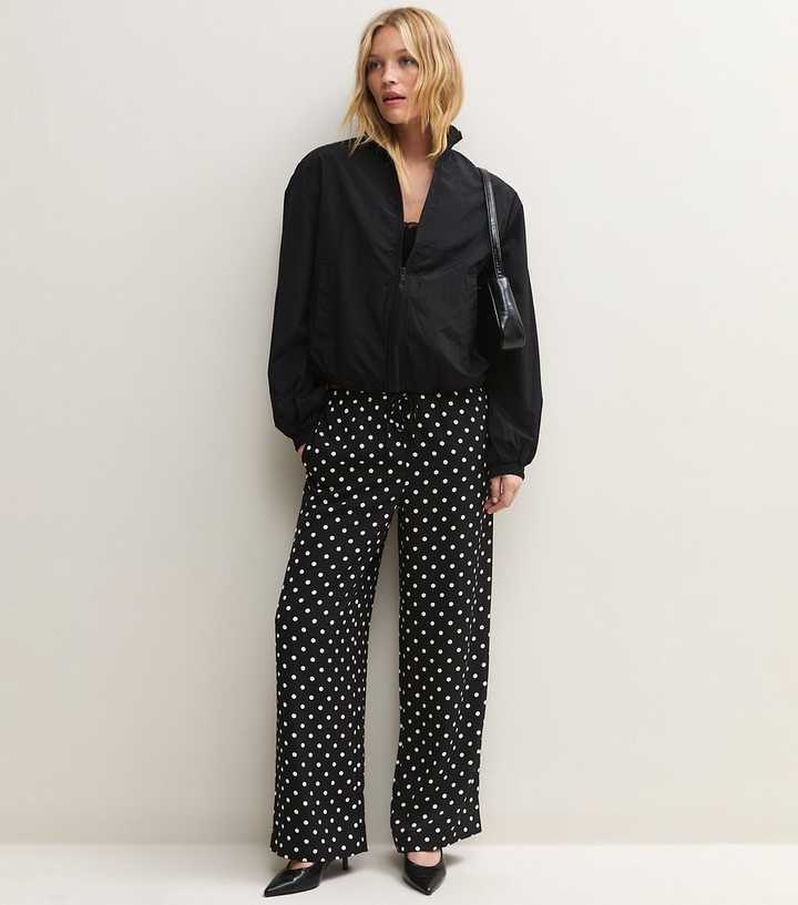 Black Polka Dot Drawstring Wide Leg Trousers