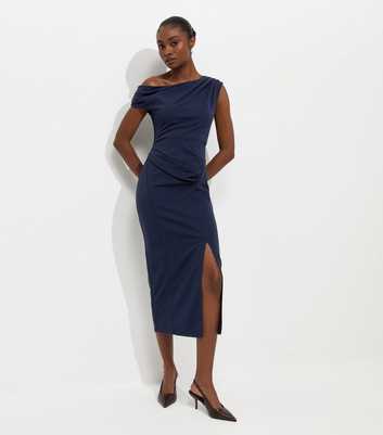 Navy Fallen Shoulder Slit Detail Midi Dress