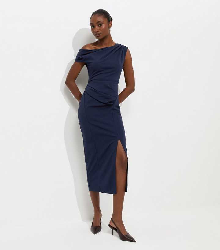 Navy Fallen Shoulder Slit Detail Midi Dress
