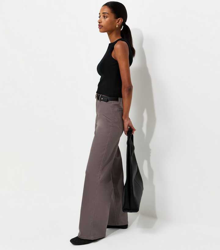 Dark Grey Twill High Waist Stretch Wide Leg Jeans