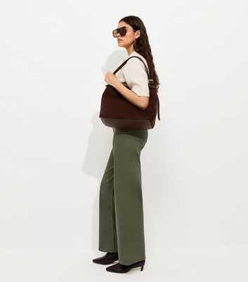 Dark Khaki Twill High Waist Stretch Wide Leg Jeans