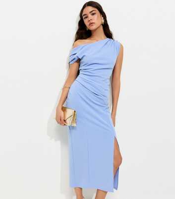 Light Blue Draped Fallen Shoulder Midi Dress