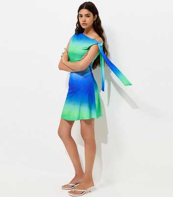 Blue Ombre Fallen Shoulder Mini Dress