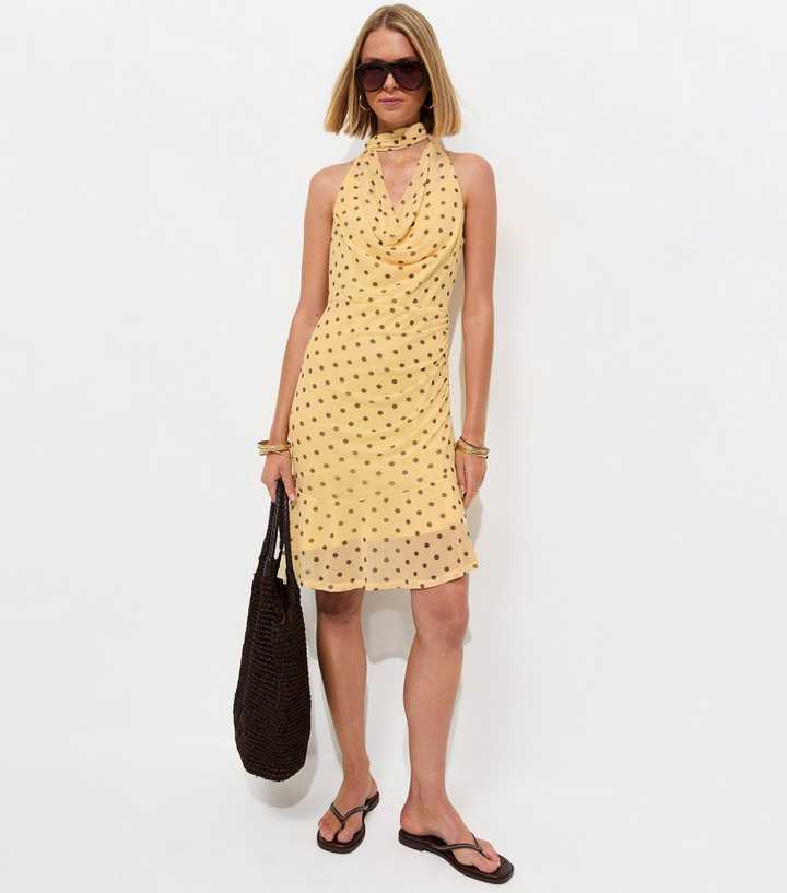 Light Yellow Polka Dot Mesh Halter Mini Dress