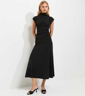 Black High Neck Ruched Waist Midi Dress