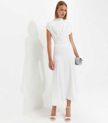 Cream High Neck Ruched Waist Midi Dress