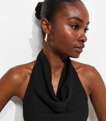 Black Crinkle Texture Cowl Neck Halter Top