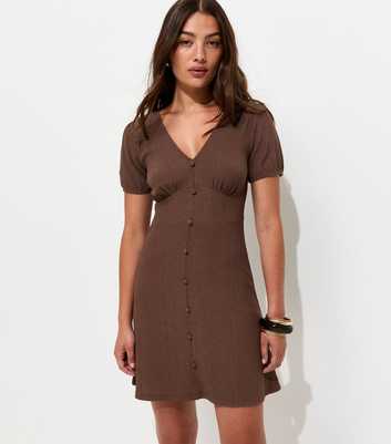 Dark Brown Crinkled Short Sleeve Mini Dress