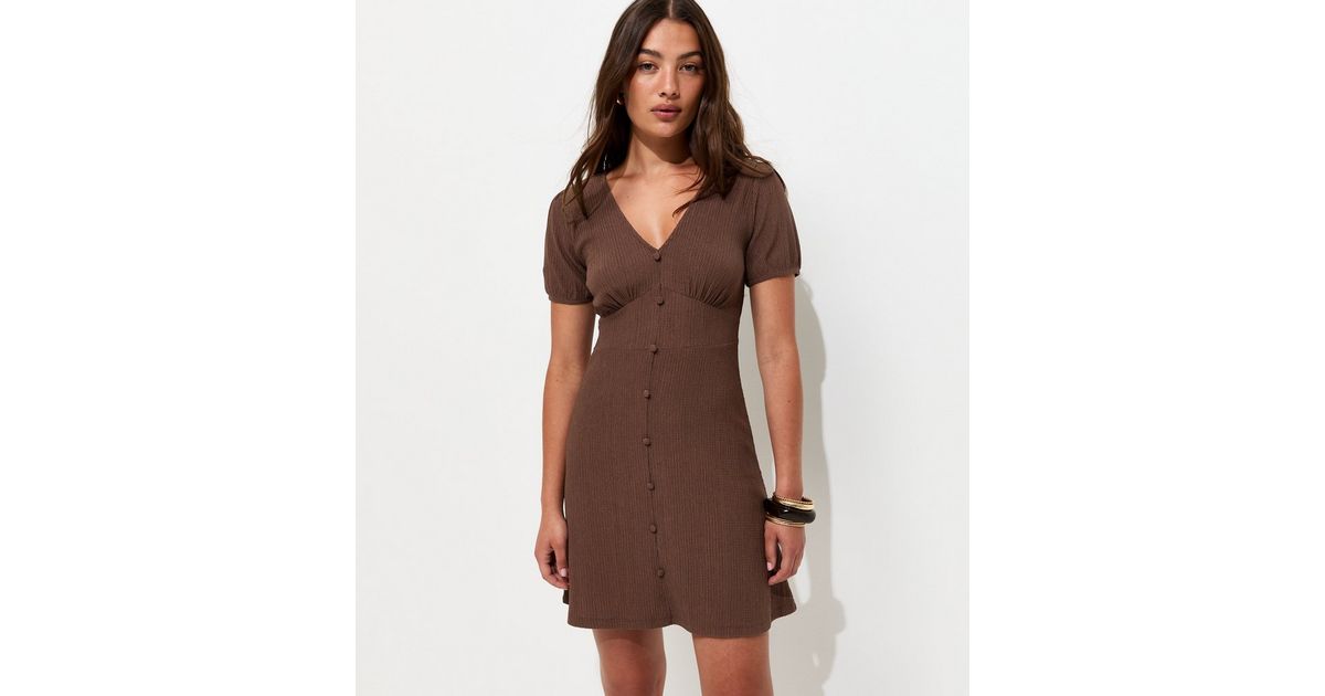 Dark Brown Crinkled Short Sleeve Mini Dress