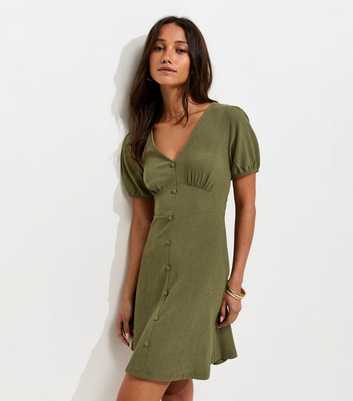 Dark Khaki Crinkled Short Sleeve Mini Dress