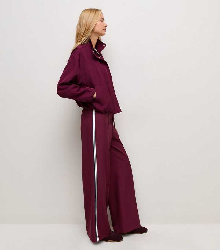 Dark Burgundy Side Stripe Wide Leg Trousers
