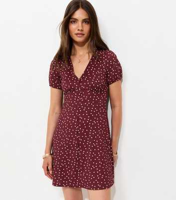 Red Spot Print V-Neck Short Sleeve Mini Dress