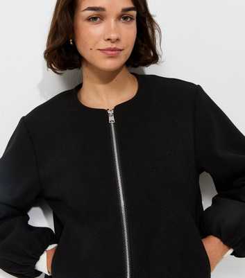 Black Collarless Zip Through Bomber Jacket