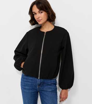 Black Collarless Zip Through Bomber Jacket