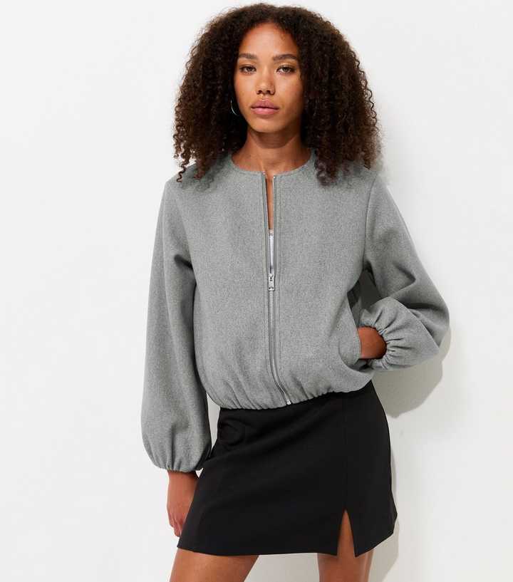 Light Grey Collarless Zip Through Bomber Jacket