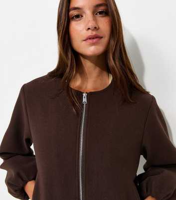 Dark Brown Collarless Zip Through Bomber Jacket