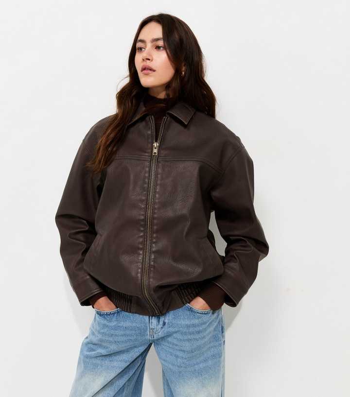 Dark Brown Faux Leather Washed Oversized Jacket