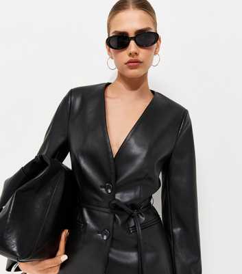 Black Faux Leather Collarless Tie Waist Blazer