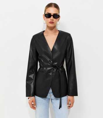Black Faux Leather Collarless Tie Waist Blazer