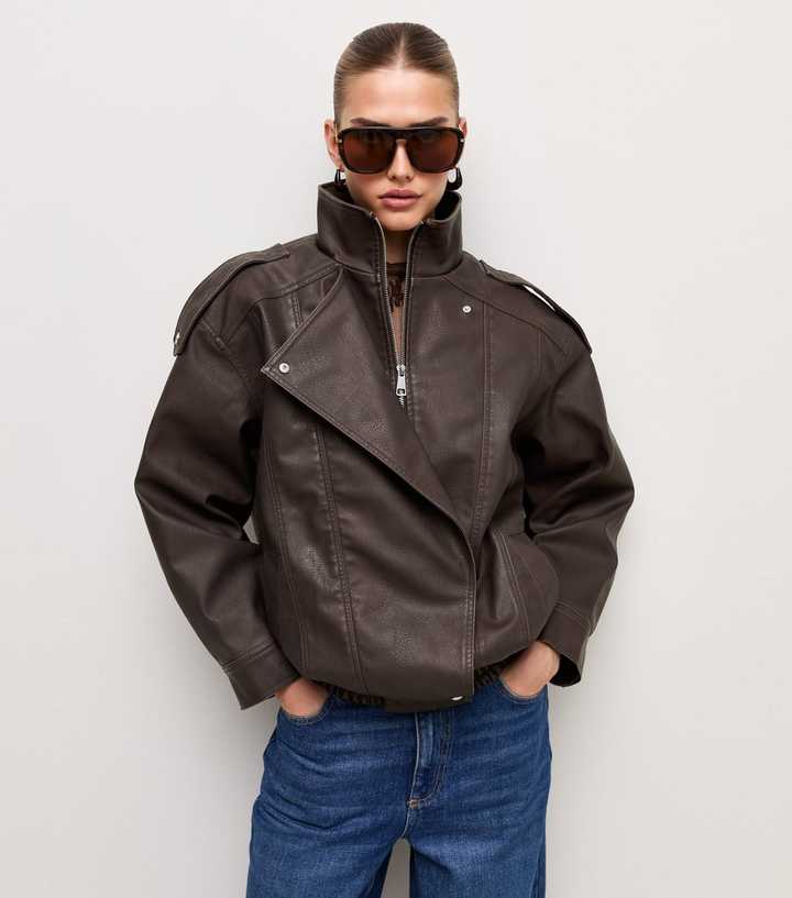 Dark Brown Placket Detail Faux Leather Oversized Funnel Neck Jacket