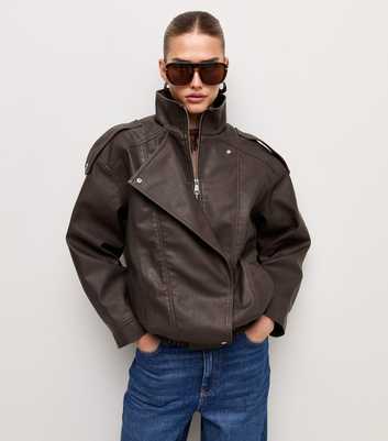 Dark Brown Placket Detail Faux Leather Oversized Funnel Neck Jacket