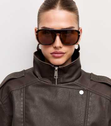 Dark Brown Placket Detail Faux Leather Oversized Funnel Neck Jacket