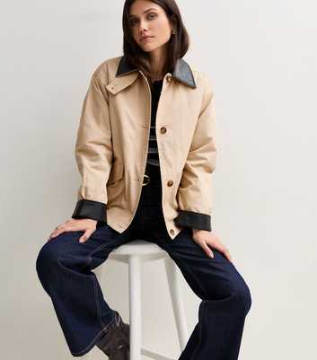Stone Contrast Trim Funnel Neck Barn Jacket