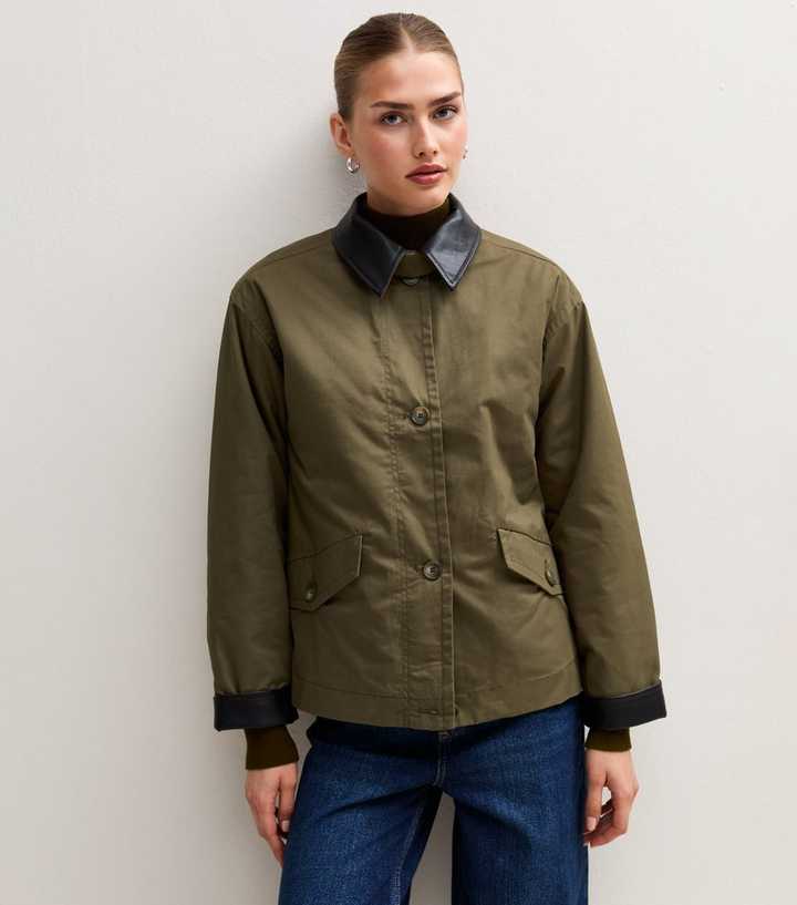 Dark Khaki Contrast Trim Funnel Neck Barn Jacket