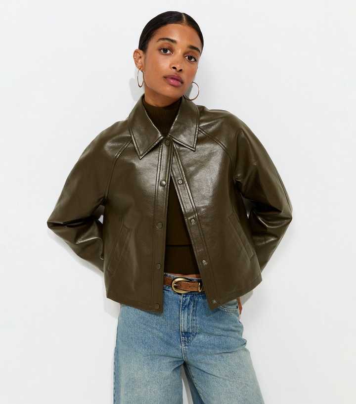 Light Khaki Faux Leather Collared Jacket