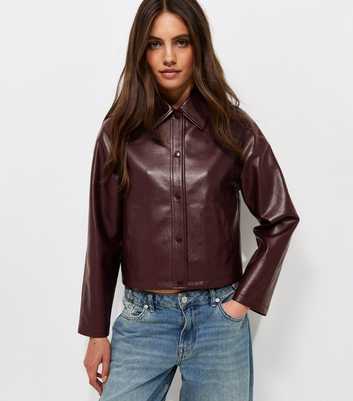 Dark Burgundy Faux Leather Collared Jacket