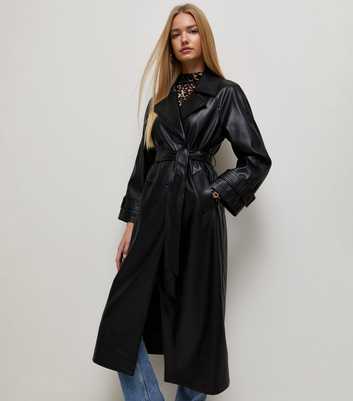 Black Faux Leather Longline Trench Coat