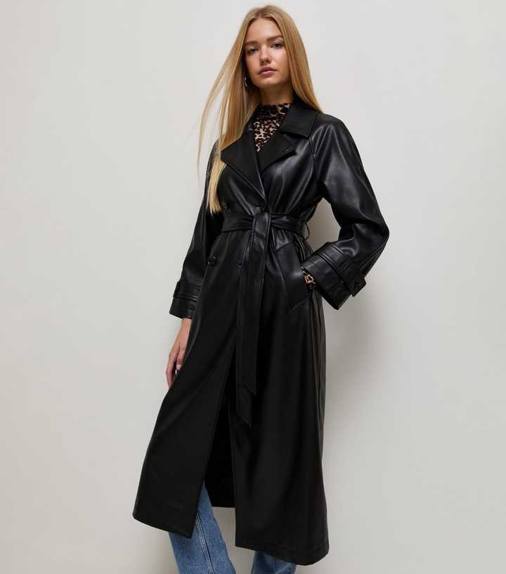 Black Faux Leather Longline Trench Coat