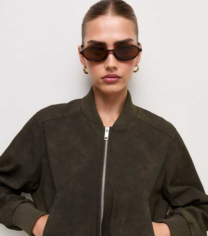 Dark Khaki Faux Suede Bomber Jacket