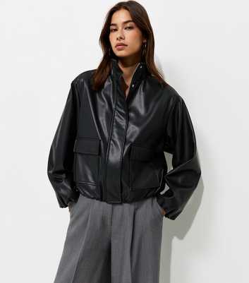 Black Faux Leather High Neck Jacket