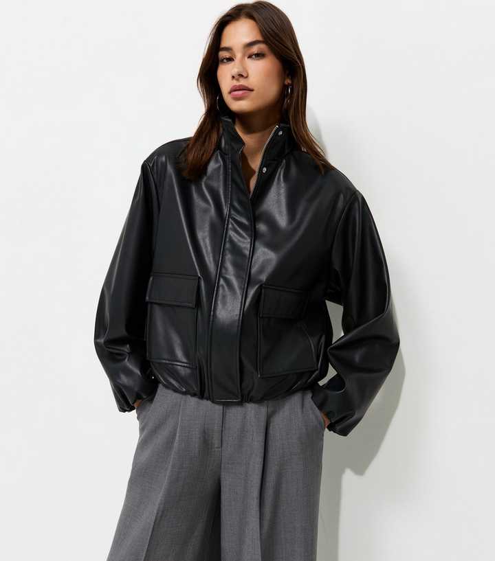 Black Faux Leather High Neck Jacket