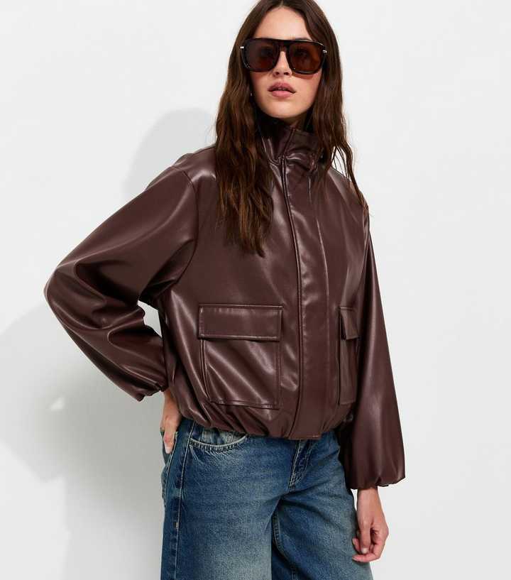 Dark Brown Faux Leather High Neck Jacket
