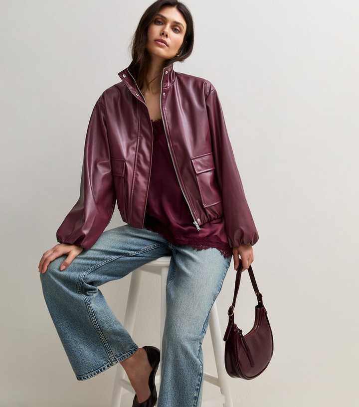 Dark Burgundy Faux Leather High Neck Jacket