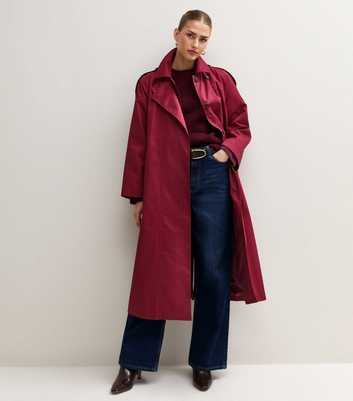Dark Red Cotton Belted Trench Coat