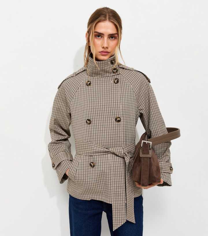 Brown Check High Neck Belted Mac Jacket