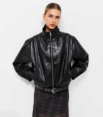 Black Faux Leather Buckle Hem Funnel Neck Jacket