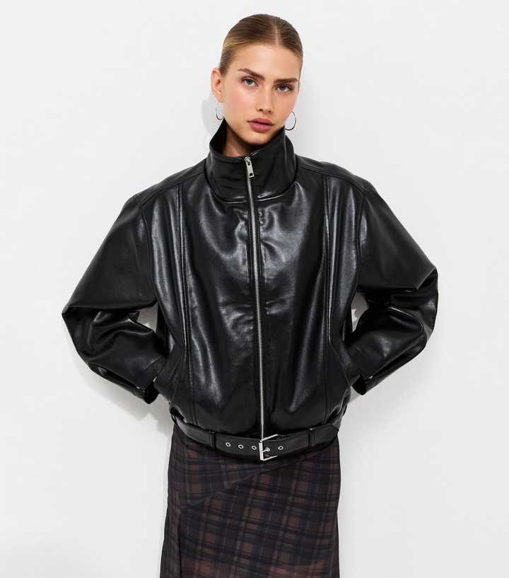 Black Faux Leather Buckle Hem Funnel Neck Jacket