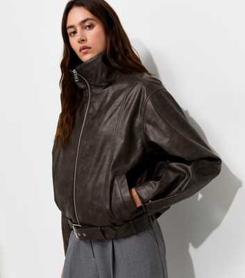 Brown Faux Leather Buckle Hem Funnel Neck Jacket