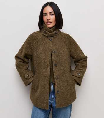 Dark Khaki Felt Raglan Sleeve Funnel Neck Coat