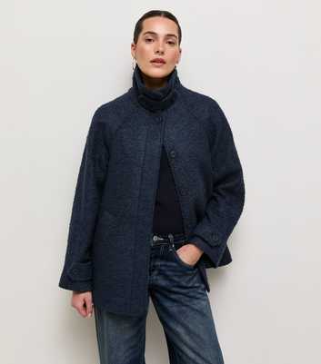 Navy Felt Raglan Sleeve Funnel Neck Coat