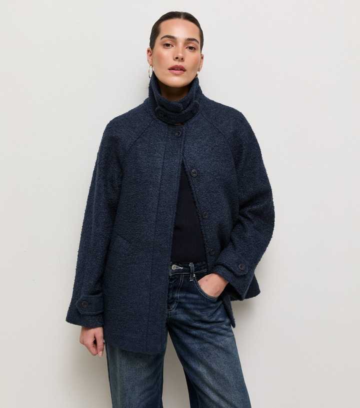 Navy Felt Raglan Sleeve Funnel Neck Coat