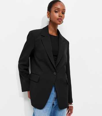 Black Oversized Woven Single Button Blazer
