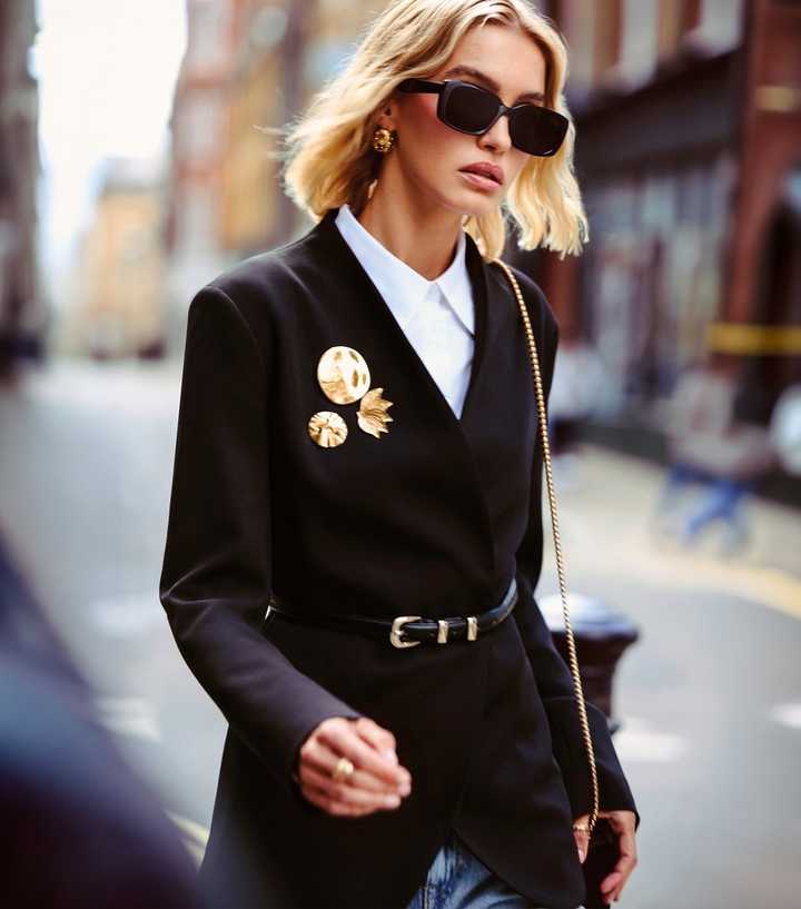 Black Collarless Belted Blazer