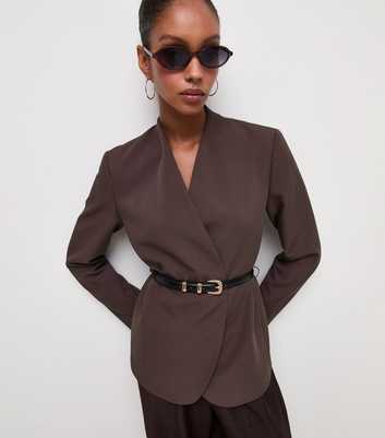 Dark Burgundy Collarless Belted Blazer